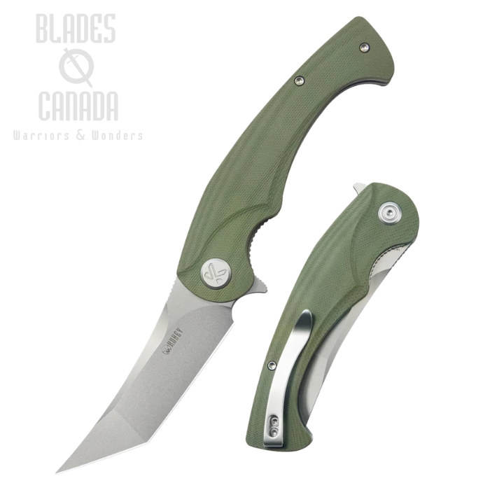 Kubey Scimitar Flipper Folding Knife, 14C28N Beadblast, G10 Green, KU175A