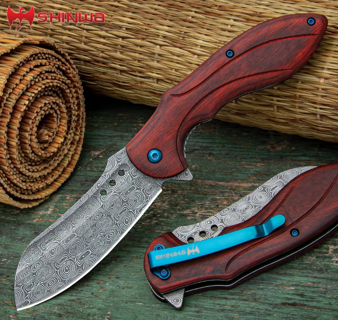 Shinwa Kikori Folding Knife, Damascus Pattern, Wood Handle, Assisted Opening, KZ1115