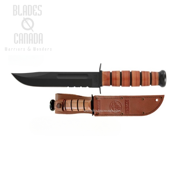 Ka-Bar USMC Fixed Blade Knife, 1095 Cro-Van, Leather Handle, Leather Sheath, 1218