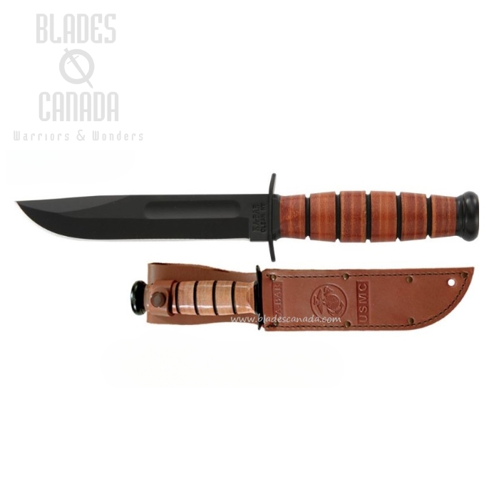 Ka-Bar USMC Short Fixed Blade Knife, 1095 Cro-Van, Leather Handle, Leather Sheath, Ka1250