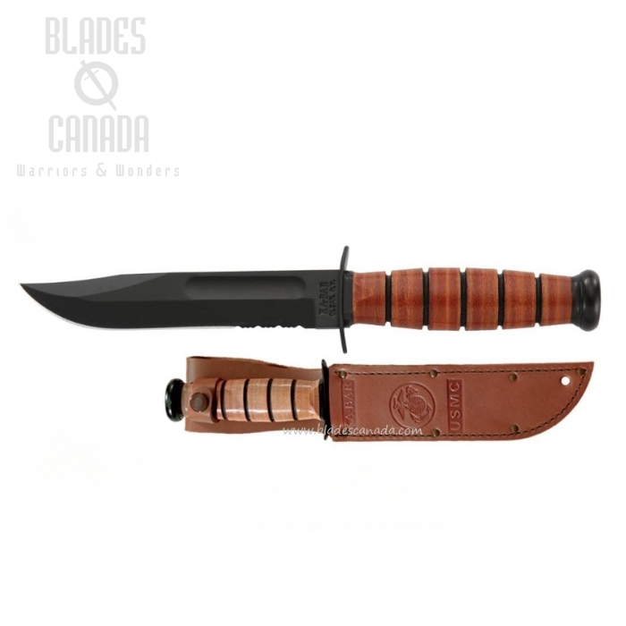 Ka-Bar USMC Short Fixed Blade Knife, 1095 Cro-Van, Leather Handle and Sheath, 1252