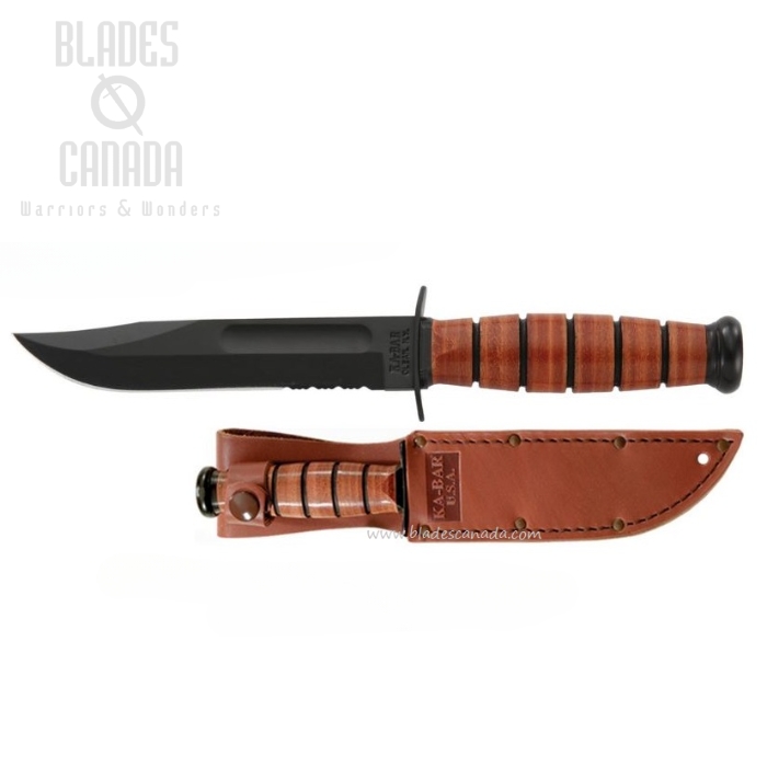 Ka-Bar Short Fixed Blade Knife, 1095 w/Serration, Leather Handle, Leather Sheath, 1261