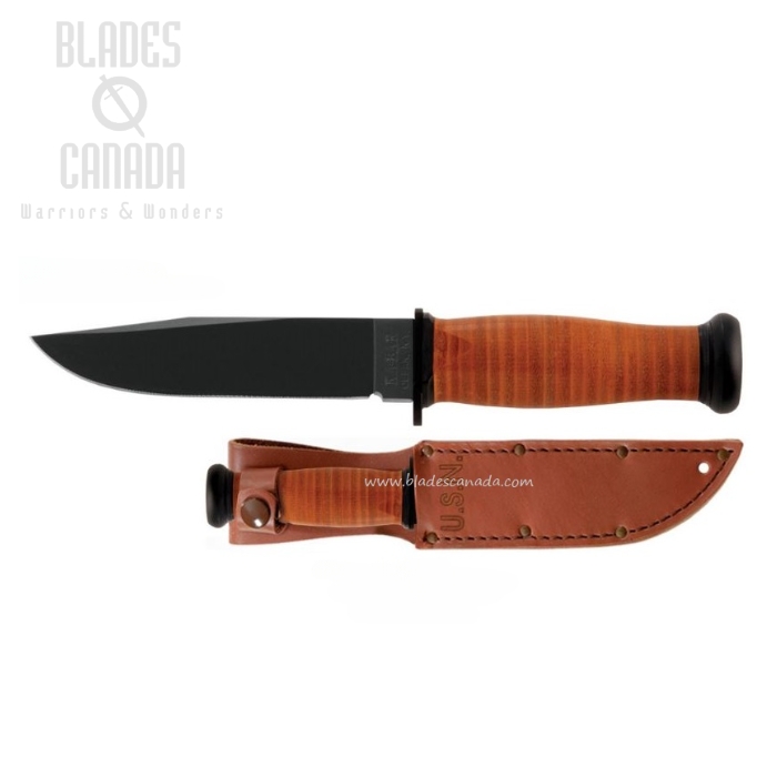 Ka-Bar Mark 1 Fixed Blade Knife, 1095 Cro-Van, Leather Handle, Leather Sheath, 2225