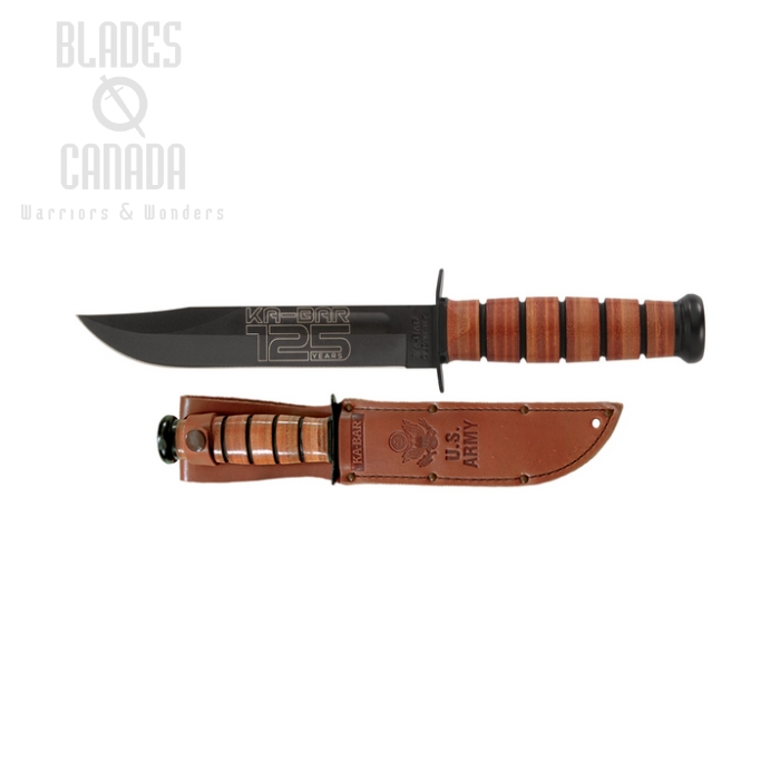 Ka-Bar U.S. Army 125th Anniversary Fixed Blade Knife, 1095 Cro-Van, Leather Handle, 9225
