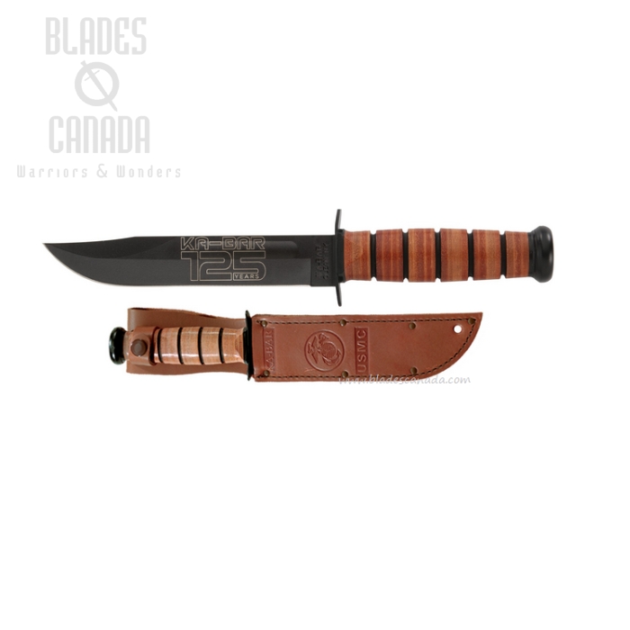 Ka-Bar USMC 125th Anniversary Fixed Blade Knife, 1095 Cro-Van, Leather Handle, 9226