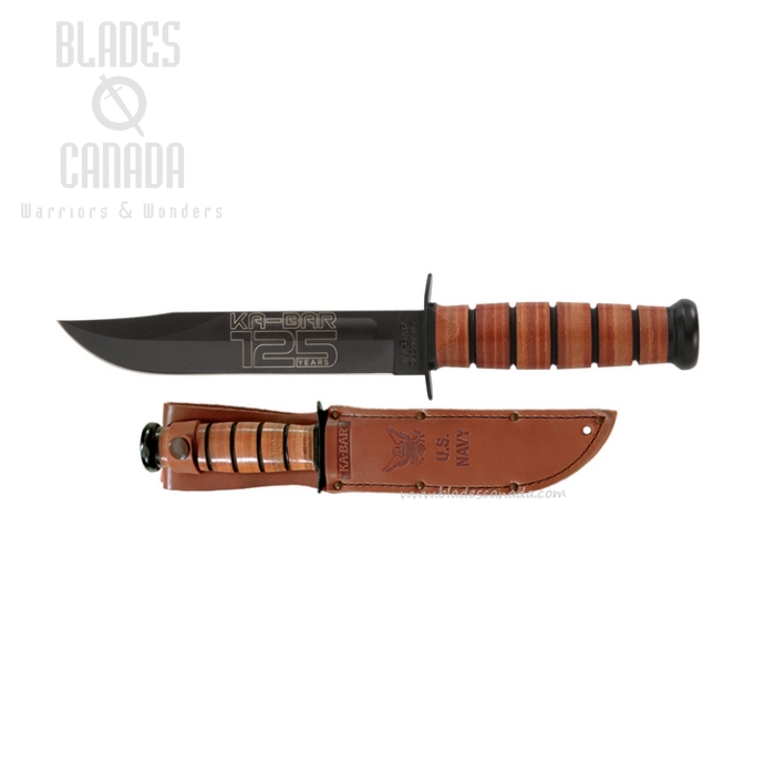 Ka-Bar USN 125th Anniversary Fixed Blade Knife, 1095 Cro-Van, Leather Handle, 9227