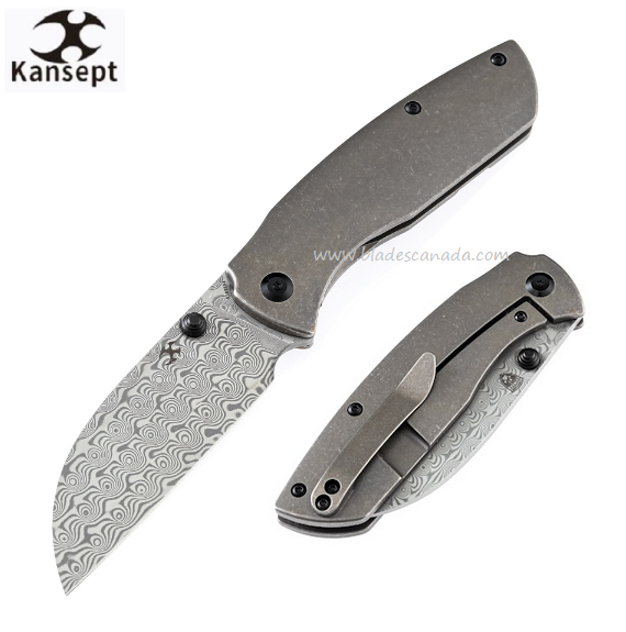 Kansept Convict Framelock Folding Knife, Damascus, Bronze Titanium, K1023B4