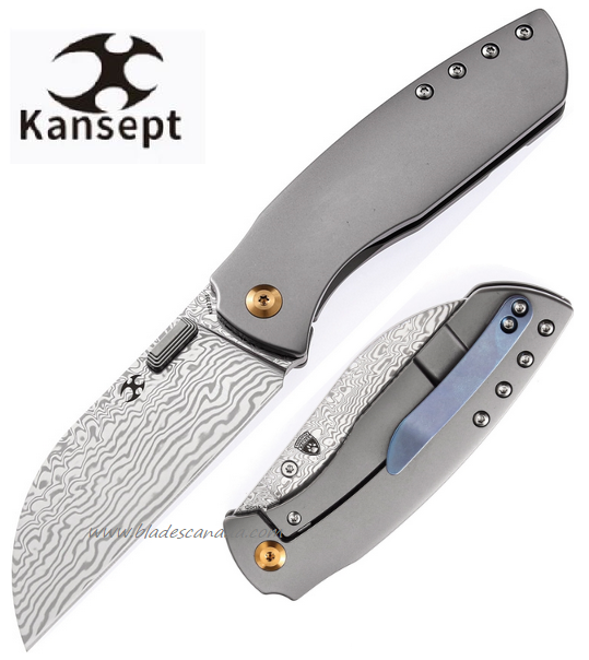 Kansept Convict Framelock Folding Knife, Damascus Blade, Titanium Grey, K1023D1