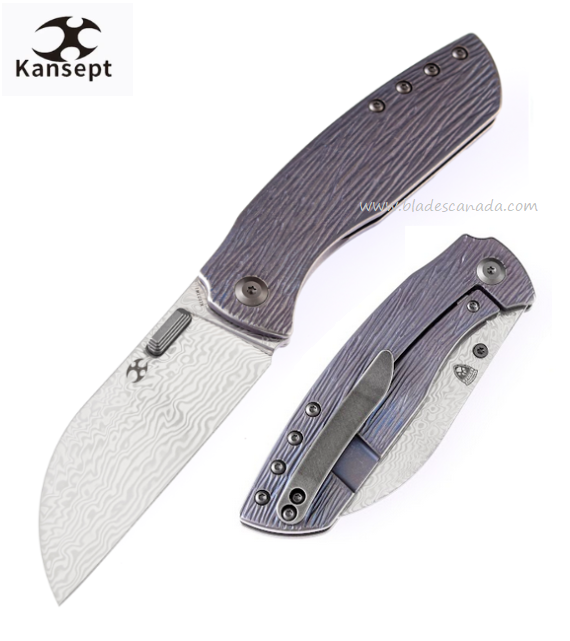 Kansept Convict Framelock Folding Knife, Damascus Blade, Titanium Woodgrain Blue, K1023W1