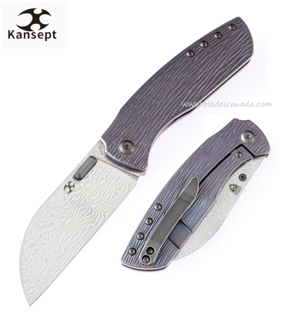 Kansept Convict Framelock Folding Knife, Damascus Blade, Titanium Woodgrain Blue, K1023W1 - Click Image to Close