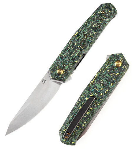 Kansept Integra Flipper Folding Knife, CPM S35VN, Carbon Fiber Green/Yellow, K1042B3