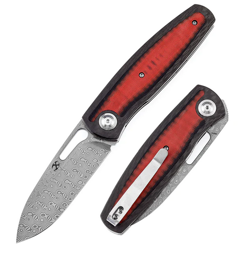 Kansept Mato Folding Knife, Damascus, Carbon Fiber Twill/G10 Red & Black, K1050A5