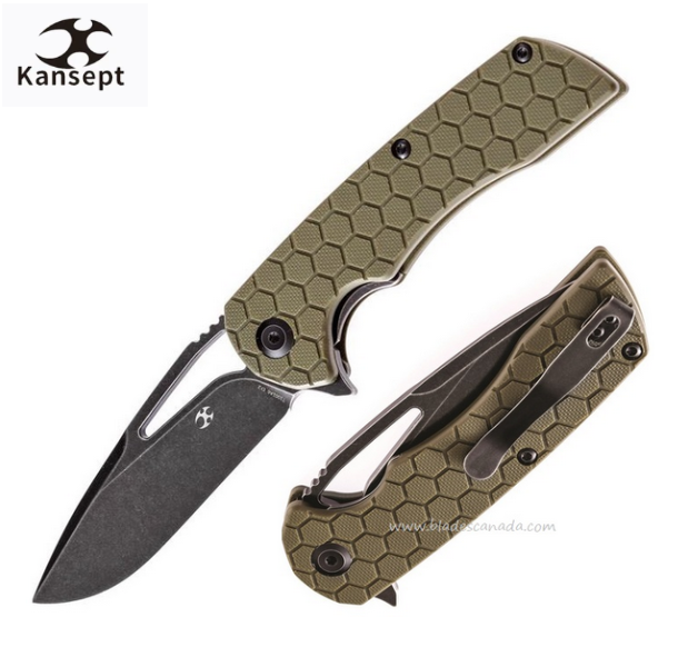 Kansept Kryo Flipper Folding Knife, D2 Black, G10 OD Green Pattern, T1001A6