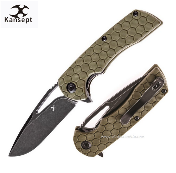 Kansept Kryo Flipper Folding Knife, D2 Black, G10 OD Green Soccer Pattern, KanT1001A6