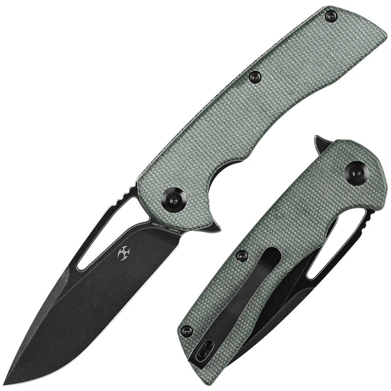 Kansept Kryo Flipper Folding Knife, 1C2C28N Black, Micarta Green, T1001M2