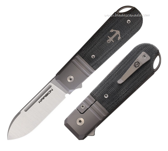 Karbon Ahoy Flipper Framelock Knife, M390 Satin, Titanium w/Micarta Black Inlay, KARB102