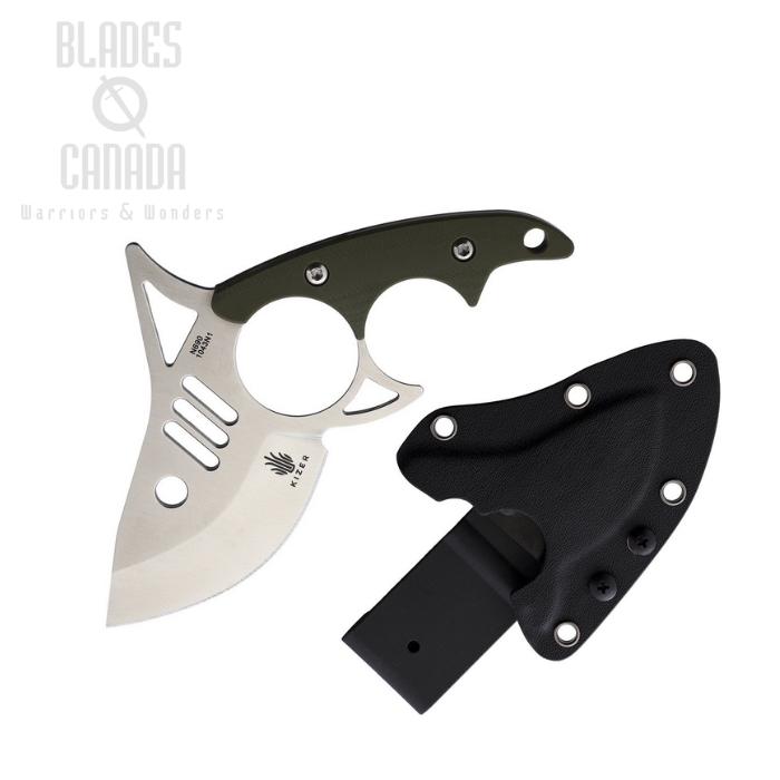 Kizer Shark Tooth Fixed Blade Knife, N690 Satin, G10 Green, Kydex Sheath, KI1043N1