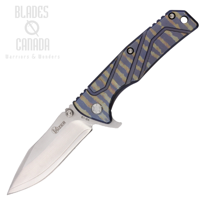 Kizer 302B Flipper Framelock Knife, Damascus/VG10, Titanium, 302B