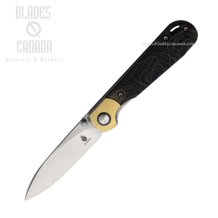 Kizer PPY Folding Knife, S35VN Satin, Raffir Handle w/Brass Bolsters, 3587A1