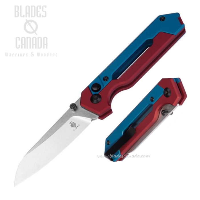 Kizer Hyper Button Lock Folding Knife, S35VN SW, Aluminum Blue/Red, KI3632A1