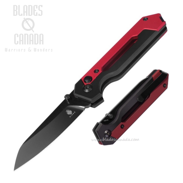 Kizer Hyper Button Lock Folding Knife, S35VN Black, Aluminum Black/Red, KI3632A2