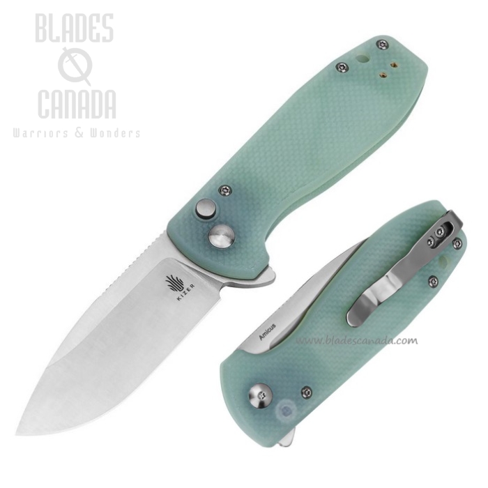 Kizer Amicus Button Lock Flipper Folding Knife, Jade G10, KIL3002A2