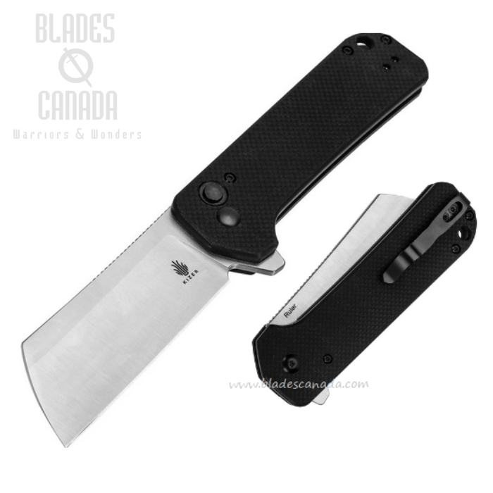 Kizer Ruler Button Lock Folding Knife, Satin Blade, G10 Black, KIL4003A1