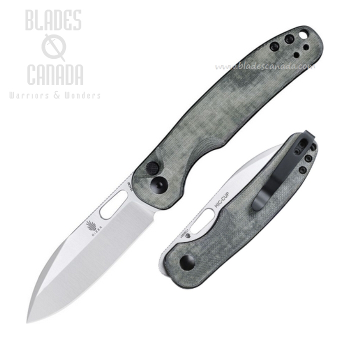 Kizer HIC-CUP Button Lock Folding Knife, 154CM Satin, Micarta Green, V3606C1