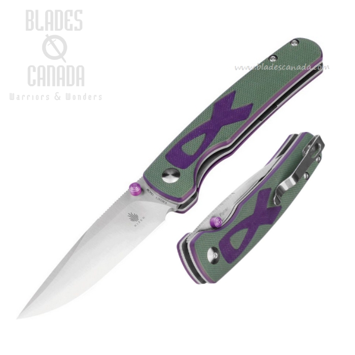 Kizer Fighter Folding Knife, 154CM Satin, G10 Green w/Purple Breast Cancer Ribbon, V3633C1