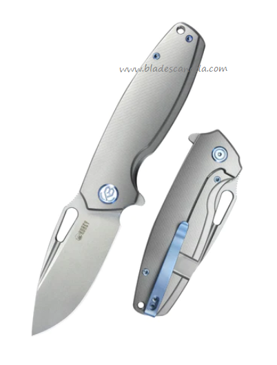 Kubey Tityus Flipper Framelock Knife, 14C28N, Titanium Grey w/Blue Accents, KB360A
