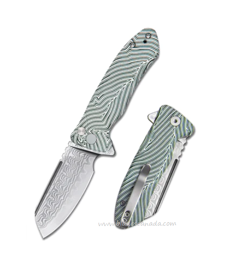 Kubey Creon Flipper Folding Knife, Damascus, G10 White/Green Stripe, KU336A