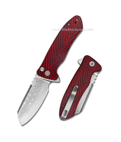 Kubey Creon Flipper Folding Knife, Damascus, G10 Red/Black, KU336B