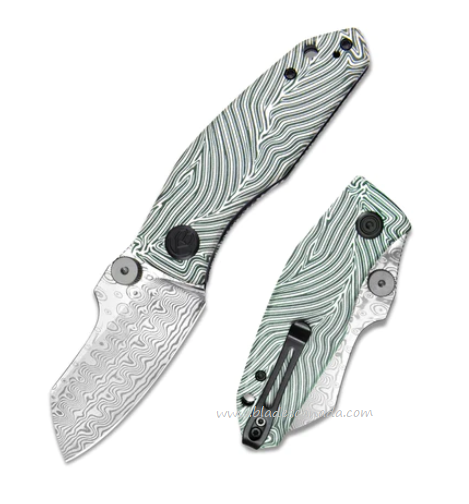 Kubey Monsterdog Folding Knife, Damascus, G10 White/Green, KU337E