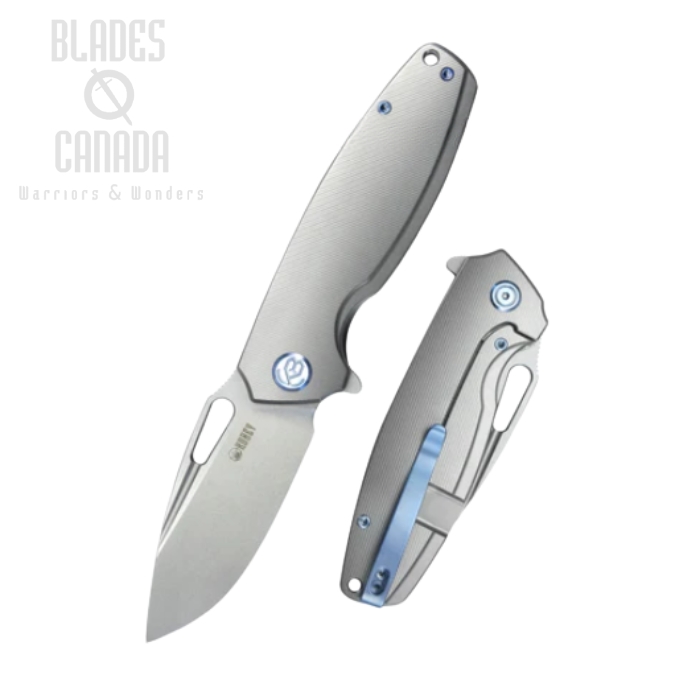 (image for) Kubey Tityus Flipper Framelock Knife, 14C28N, Titanium Grey w/Blue Accents, KB360A