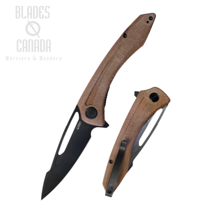 (image for) Kubey Merced Flipper Folding Knife, AUS10 Black, Micarta Tan, KU345E