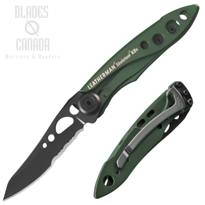 (image for) Leatherman Skeletool KBX Folding Knife, Stainless Black Serrated, Aluminum OD Green, Bottle Opener, 833608