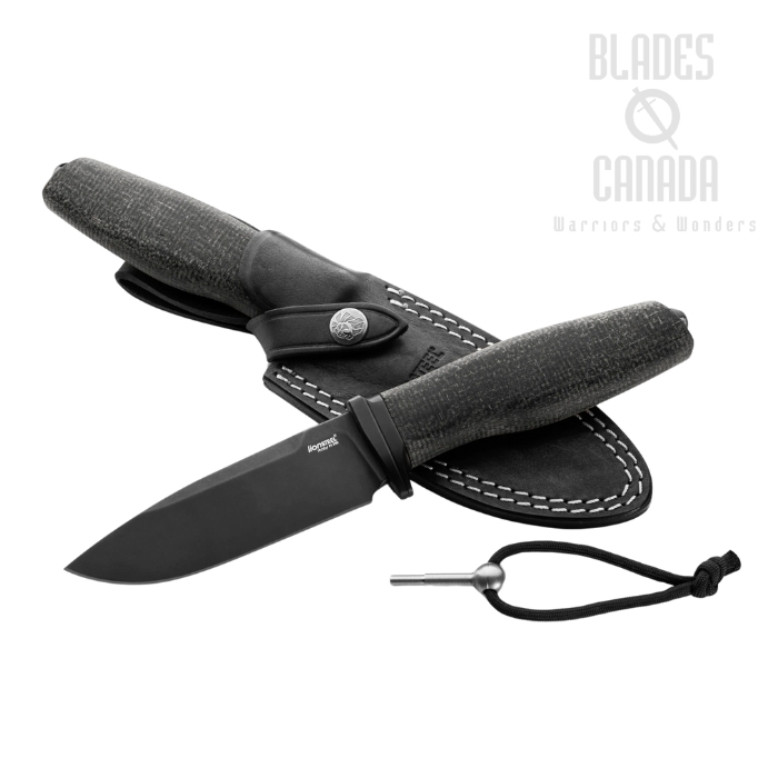 Lion Steel Acha Fixed Blade Knife, M390 Black SW, Burlap Micarta Black, Leather Sheath, AH B BLB