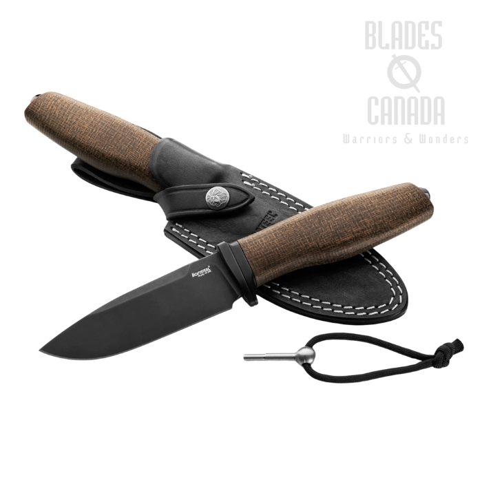 Lion Steel Acha Fixed Blade Knife, M390 Black SW, Burlap Micarta Green, Leather Sheath, AH B BLG