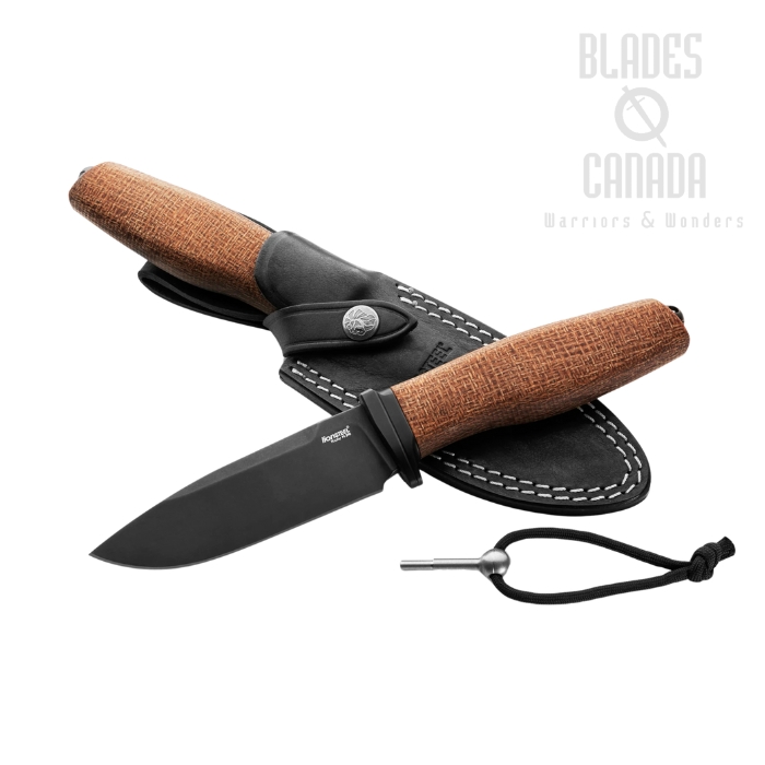 Lion Steel Acha Fixed Blade Knife, M390 Black SW, Burlap Micarta Natural, Leather Sheath, AH B BLN