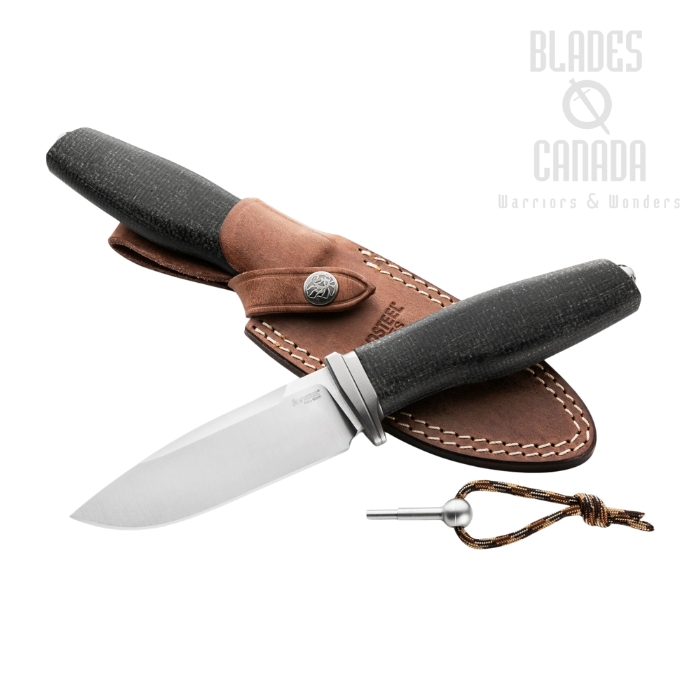 Lion Steel Acha Fixed Blade Knife, M390 Satin, Burlap Micarta Black, Leather Sheath, AH BLB