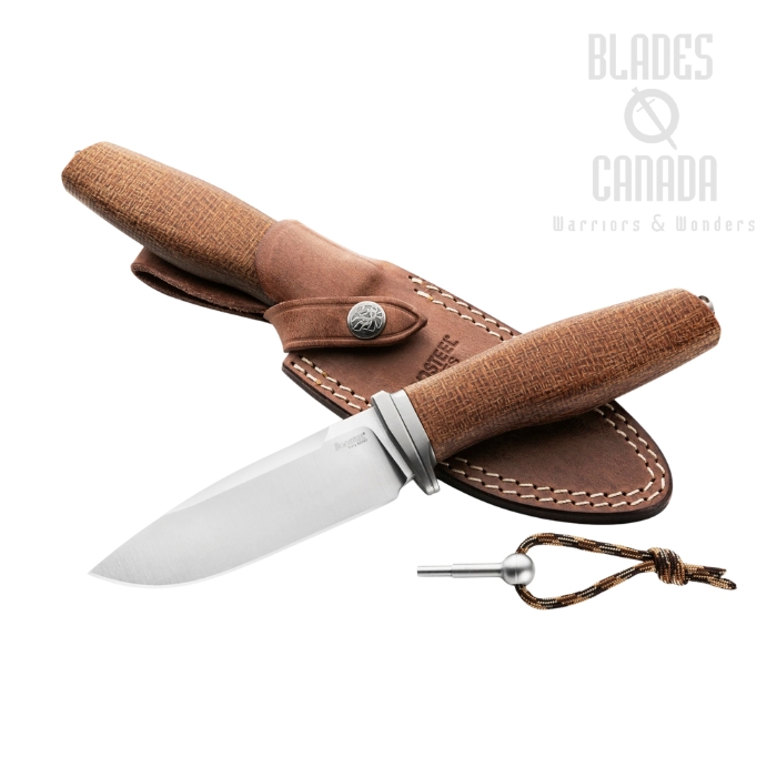 Lion Steel Acha Fixed Blade Knife, M390 Satin, Burlap Micarta Natural, Leather Sheath, AH BLN