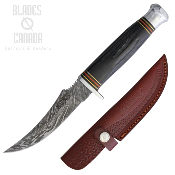 Marbles Hunter Fixed Blade Knife, Damascus, Jigged Horn w/Aluminum Guard & Pommel, Leather Sheath, MR451