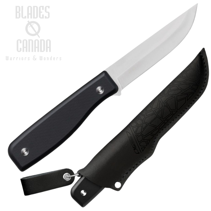 Marttiini MFG Fixed Blade Knife, Stainless Satin, G10 Black, Leather Black Sheath, MN354010
