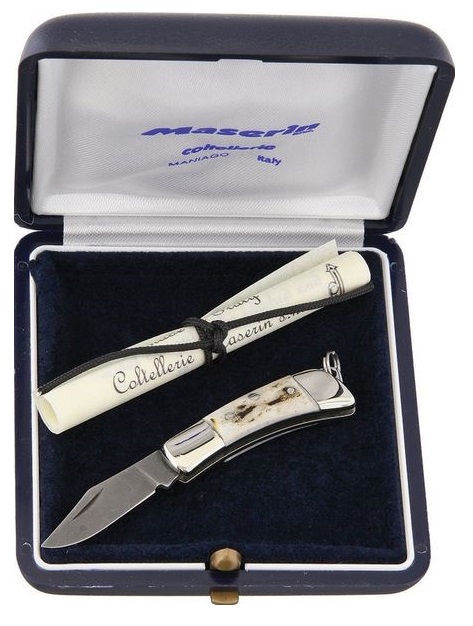 Maserin Italy Mignon Slipjoint Folding Knife, Damascus Steel, Stag Handle