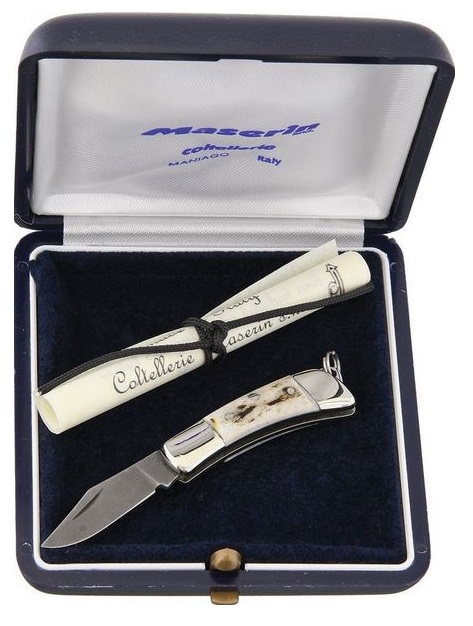 Maserin Italy Mignon Slipjoint Folding Knife, Damascus Steel, Stag Handle - Click Image to Close