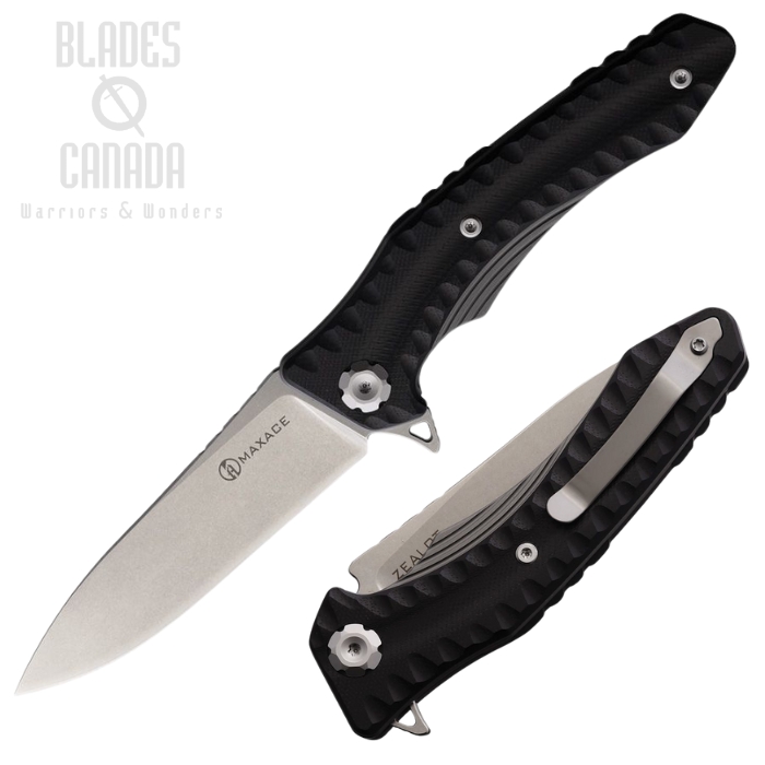 Maxace Zealot 2.0 Flipper Folding Knife, K110 Stonewash, G10 Black Sculpted, MAXMZ204