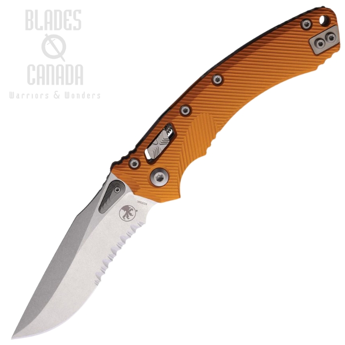 Microtech Amphibian S/E Ram Lok Folding Knife, M390 SW Partially Serrated, Aluminum Orange Fluted, 137RL-11FLOT