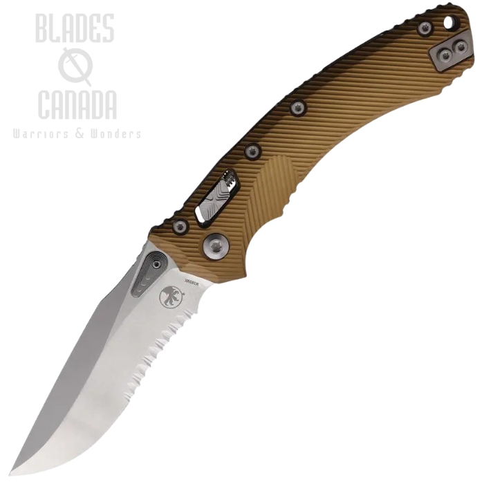 Microtech Amphibian S/E Ram Lok Folding Knife, M390MK SW Partially Serrated, Aluminum Tan Fluted, 137RL-11FLTA