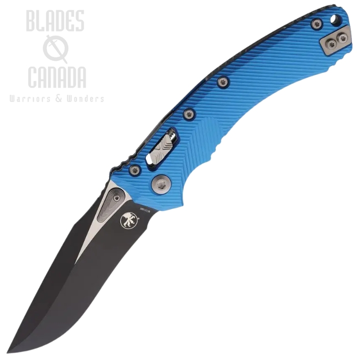 Microtech Amphibian S/E Ram Lok Folding Knife, M390 Two-Tone, Aluminum Blue Fluted, 137RL-1FLBL