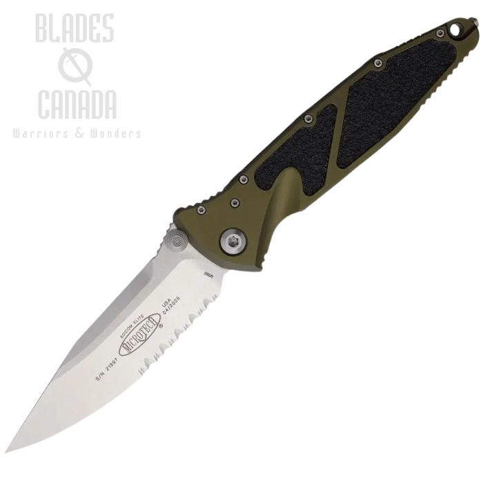 Microtech Socom Elite T/E Folding Knife, M390 SW Partially Serrated, Aluminum OD Green, Glass Breaker, 160-11OD